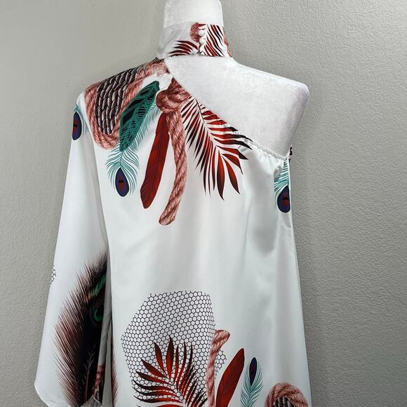 White Green Multi Peacock Asymmetric One Shoulder High Neck Mini Shift Dress M/L - Picture 8 of 12